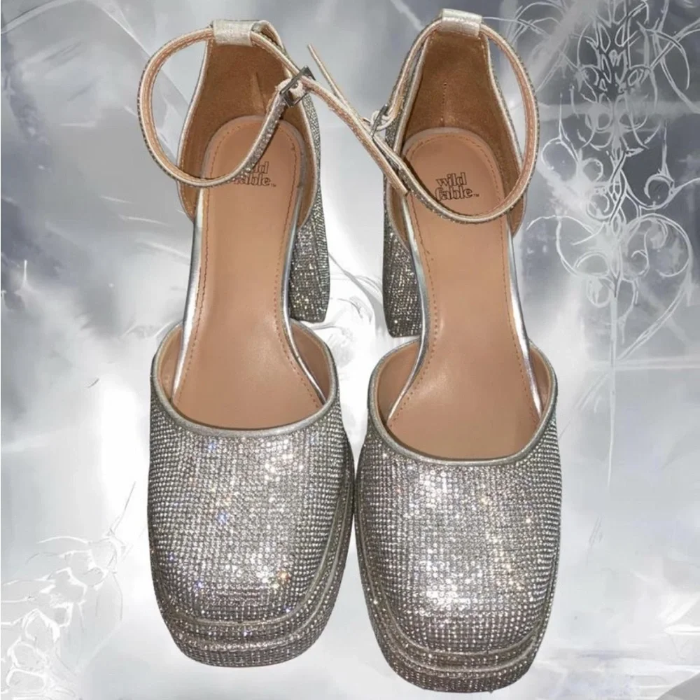 Wild Fable Pave Rhinestone Platform Ankle Strap Rounded Toe Heels - Picture 6 of 16